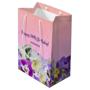 Sac Cadeau Moyen 80e anniversaire fleurons violets rose nom monogra