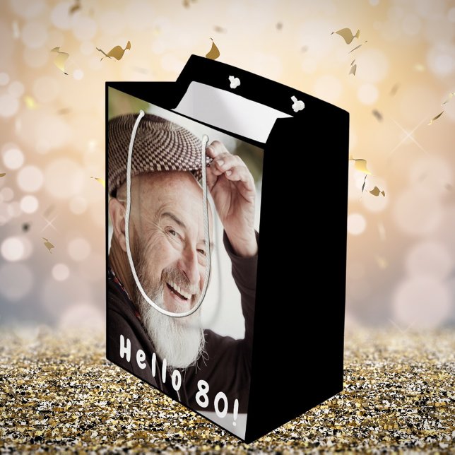 Sac Cadeau Moyen 80e anniversaire photo personnalisée bonjour homme (Créateur téléchargé)