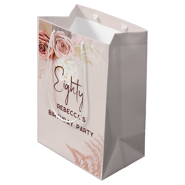 Sac Cadeau Moyen 80e fête d'anniversaire Boho Floral Custom (Dos Angle)
