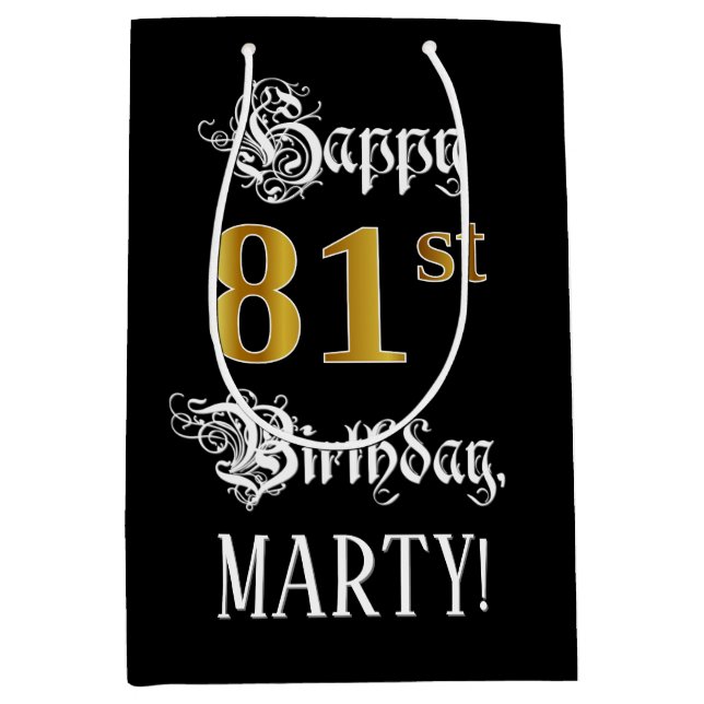 Sac Cadeau Moyen 81e anniversaire ~ Script fantaisie; Faux Gold Loo (Devant)