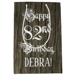 Sac Cadeau Moyen 82e anniversaire : fantaisie, Faux Wood Look + Nom