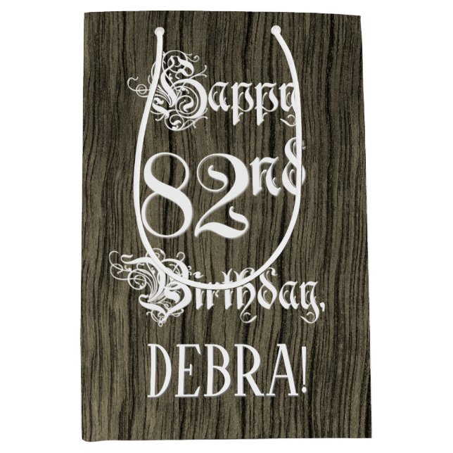 Sac Cadeau Moyen 82e anniversaire : fantaisie, Faux Wood Look + Nom (Devant)