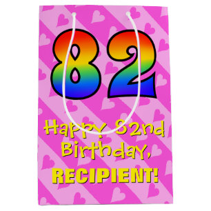 Sac Cadeau Moyen 82e anniversaire : rayures de coeurs roses amusant