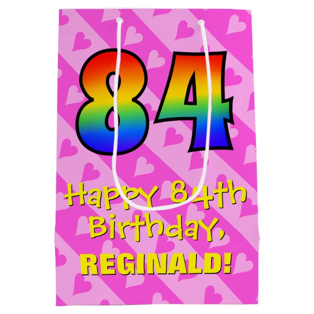 Sac Cadeau Moyen 84e anniversaire : Amusants Coeurs roses Stripes;  (Dos)