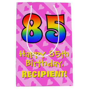 Sac Cadeau Moyen 85e anniversaire : Amusants Coeurs roses Stripes; 