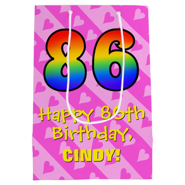 Sac Cadeau Moyen 86e anniversaire : Amusants Coeurs roses Stripes;  (Dos)