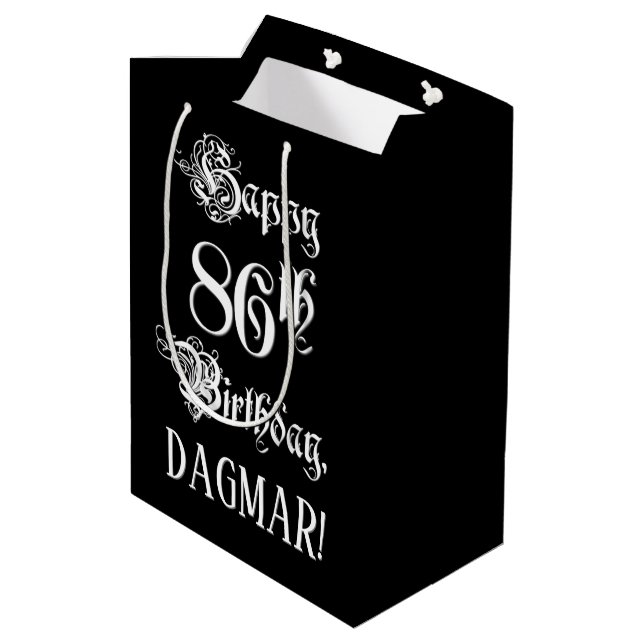 Sac Cadeau Moyen 86e anniversaire : fantaisie, élégant script + Nom (Dos Angle)
