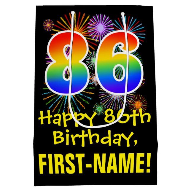 Sac Cadeau Moyen 86ème anniversaire : Fun Fireworks Motif + Rainbow (Dos)