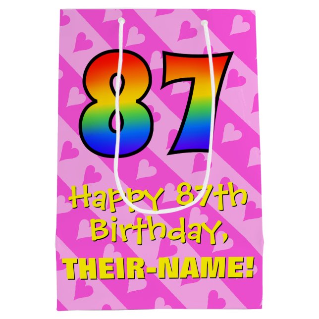 Sac Cadeau Moyen 87e anniversaire : Amusants Coeurs roses Stripes;  (Dos)