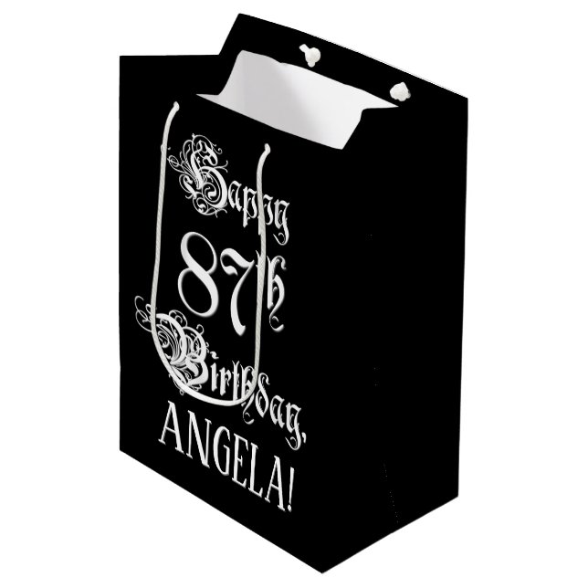 Sac Cadeau Moyen 87e anniversaire : fantaisie, élégant script + Nom (Devant Angle)