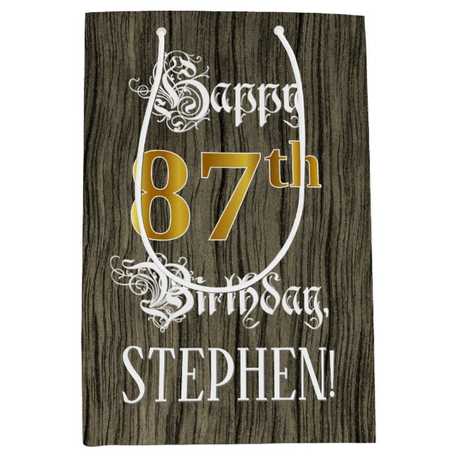 Sac Cadeau Moyen 87e anniversaire : Faux Gold Look & Faux Wood Moti (Devant)