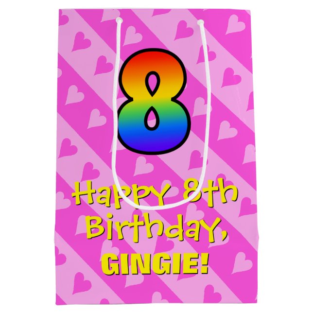Sac Cadeau Moyen 8e anniversaire : Amusants Coeurs roses Stripes &  (Dos)