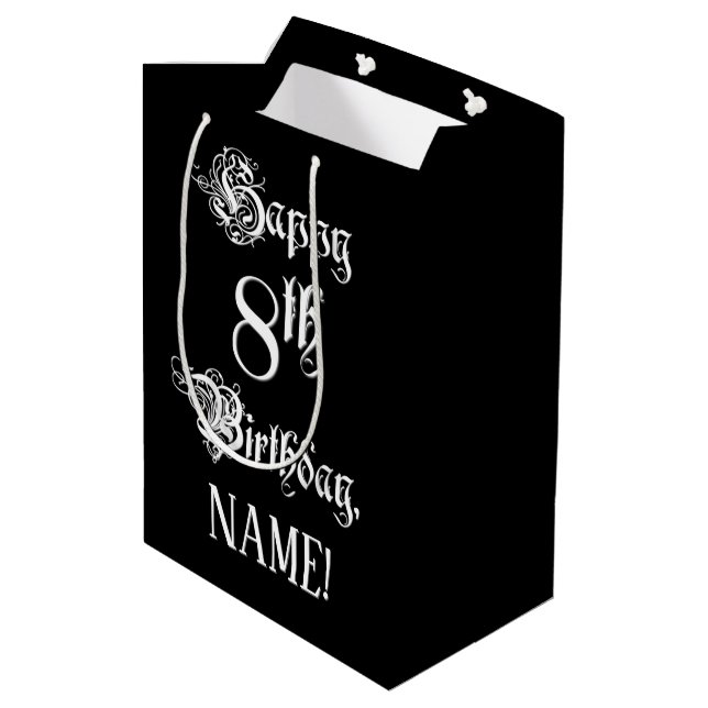 Sac Cadeau Moyen 8e anniversaire : fantaisie, élégant script + Nom  (Dos Angle)