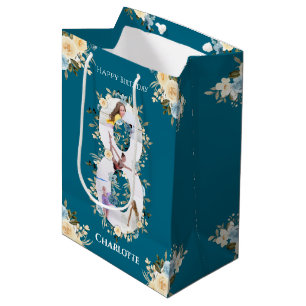 Sac Cadeau Moyen 8e anniversaire Photo Collage Turquoise bleu jaune