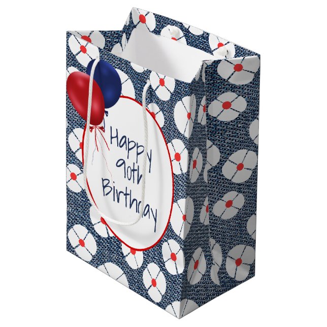Sac Cadeau Moyen 90e anniversaire Ballons sur Denim floral (Devant Angle)