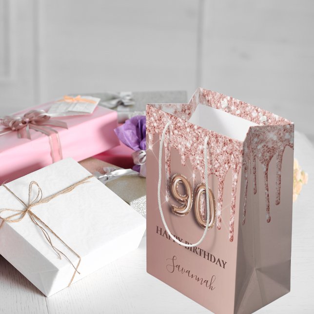 Sac Cadeau Moyen 90e anniversaire rose or blush parties scintillant (Créateur téléchargé)