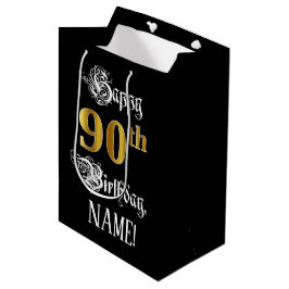 Sac Cadeau Moyen 90e anniversaire ~ Script fantaisie; Faux Gold Loo