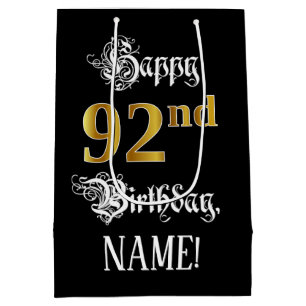Sac Cadeau Moyen 92e Anniversaire ~ Écriture Élégante; Finition Or;