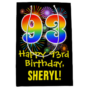Sac Cadeau Moyen 93ème anniversaire : Fun Fireworks Motif + Rainbow