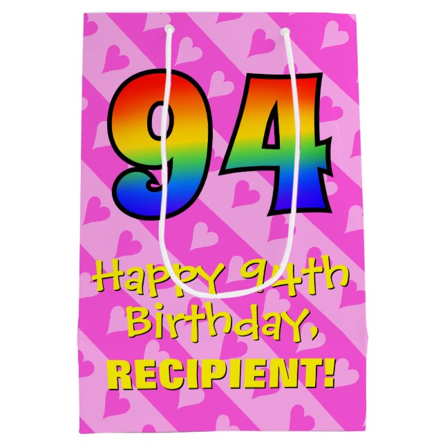 Sac Cadeau Moyen 94e anniversaire : Amusants Coeurs roses Stripes;  (Dos)
