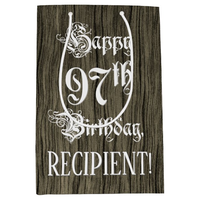 Sac Cadeau Moyen 97ème anniversaire : fantaisie, Faux Wood Look + N (Devant)