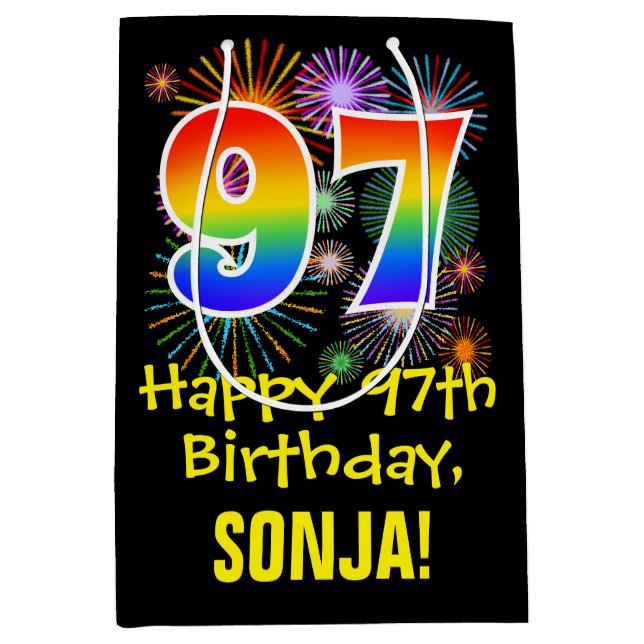 Sac Cadeau Moyen 97ème anniversaire : Fun Fireworks Motif + Rainbow (Devant)