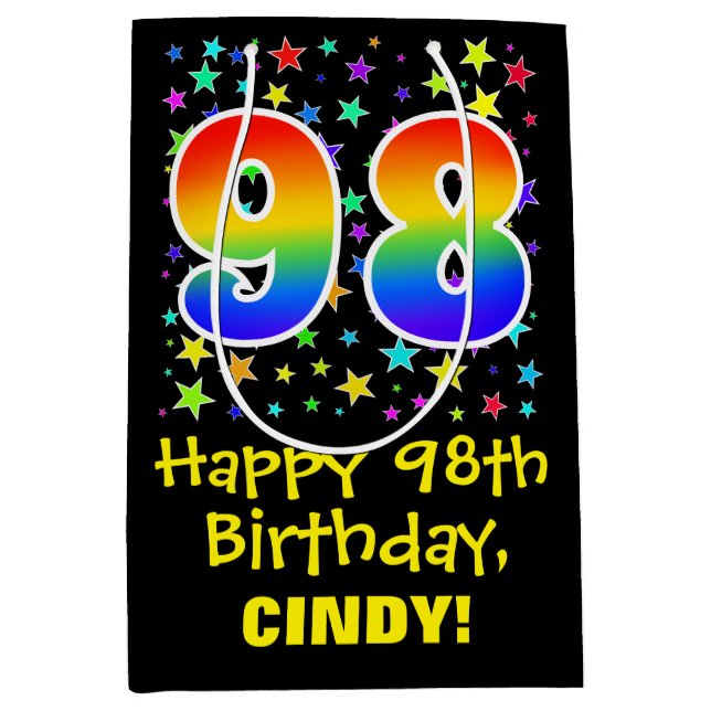 Sac Cadeau Moyen 98e anniversaire : Colorful Stars Motif & Rainbow  (Devant)