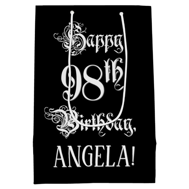 Sac Cadeau Moyen 98e anniversaire : fantaisie, élégant script + Nom (Dos)