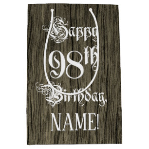 Sac Cadeau Moyen 98e anniversaire : fantaisie, Faux Wood Look + Nom