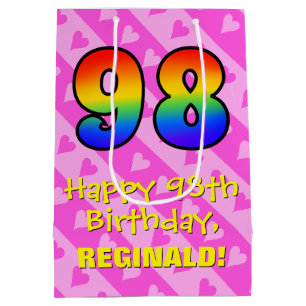 Sac Cadeau Moyen 98e anniversaire : Fun Pink Hearts Stripes; Rainbo