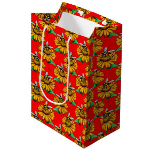 Sac Cadeau Moyen Abeille sur motif de fleur de tournesol rouge