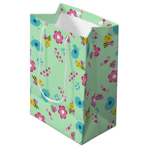Sac Cadeau Moyen Abeilles, oiseaux et fleurs vert motif