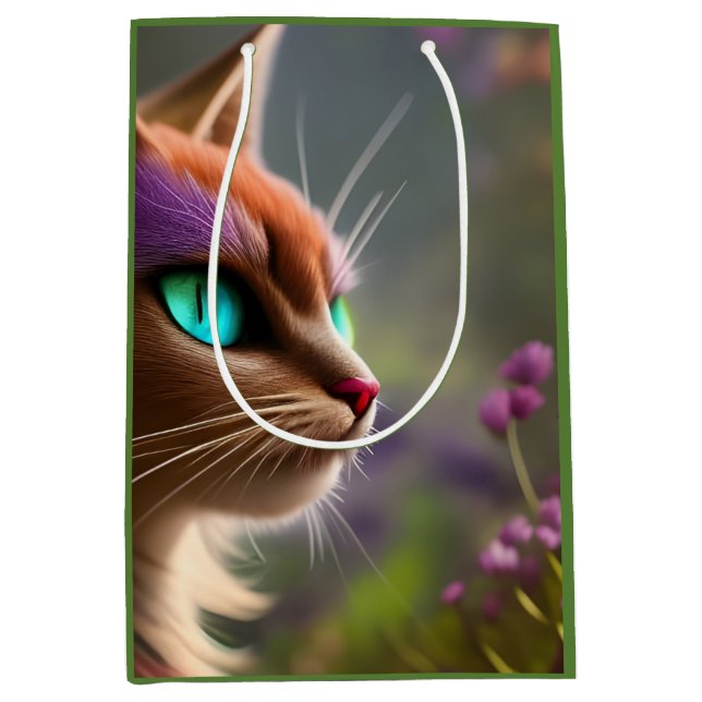 Sac Cadeau Moyen Adorable chat Kitty, Yeux Turquoise (Devant)