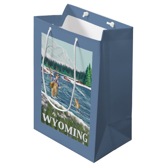 Sac Cadeau Moyen Affiche de voyage de FishermanWyomingVintage de (Devant Angle)
