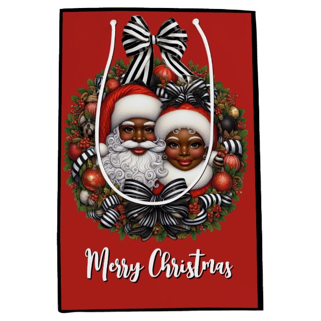 Sac Cadeau Moyen African American Père Noël & Mme Claus (Devant)