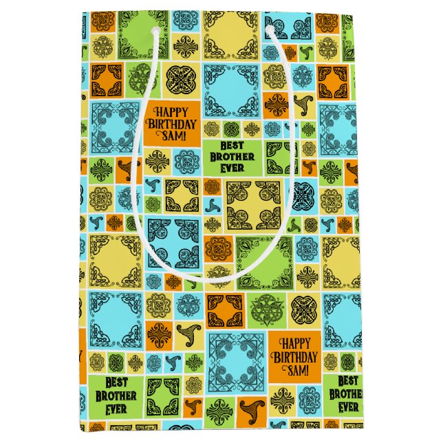 Sac Cadeau Moyen Ajouter nom et relation Anniversaire Orange & Vert (Devant)