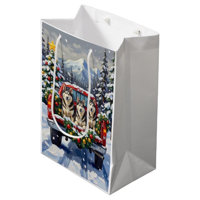 Sac Cadeau Moyen Alaskan Malamute Christmas Red Truck Holiday (Devant Angle)