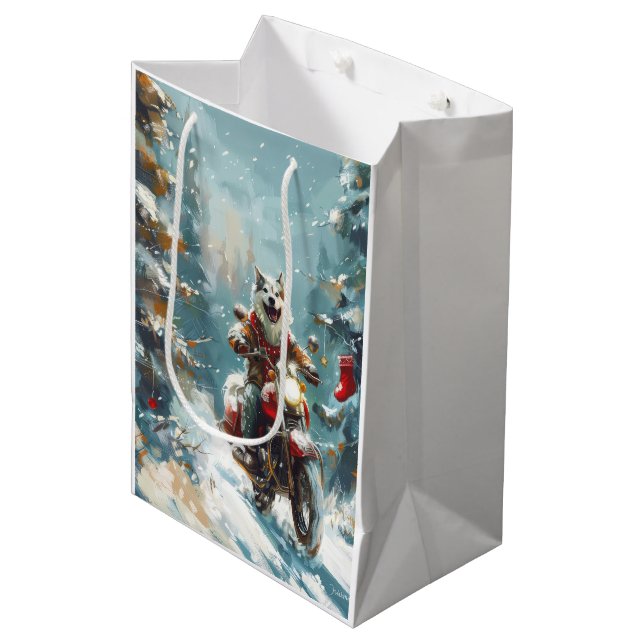 Sac Cadeau Moyen Alaskan Malamute Dog équitation moto Noël (Devant Angle)