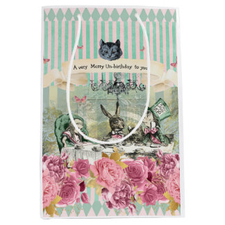 Sac Cadeau Moyen Alice Whimsical bleu rayé floral unanniversaire