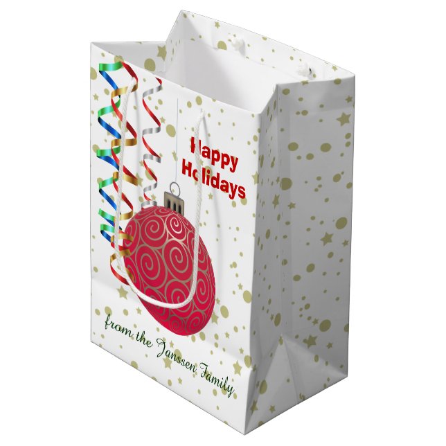 Sac Cadeau Moyen Ampoule Rouge Or personnalisée Confetti (Devant Angle)