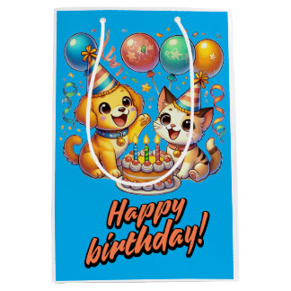 Sac Cadeau Moyen Amusants & mignonette Anniversaire Puppy & Kitten 
