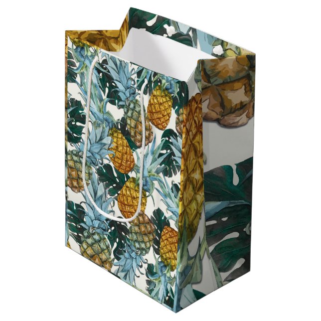 Sac Cadeau Moyen Ananas tropicaux et feuilles fête d'anniversaire e (Devant Angle)