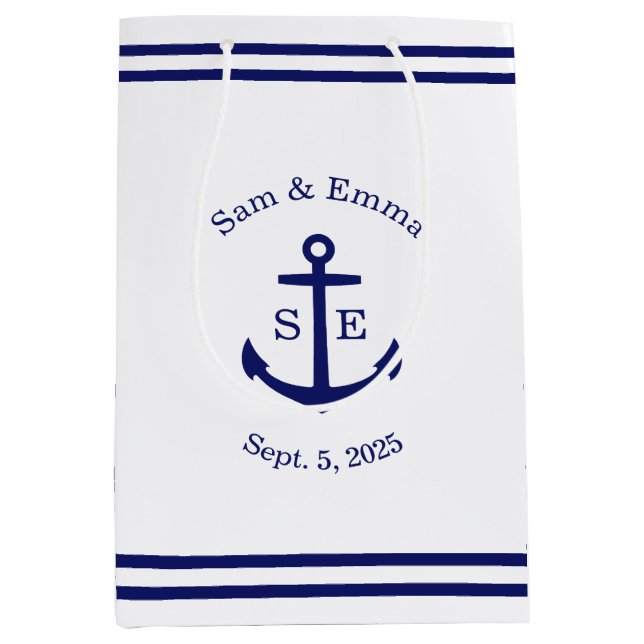 Sac Cadeau Moyen Ancre nautique personnalisée (blanc et bleu) (Devant)
