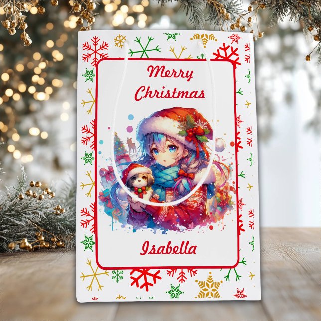 Sac Cadeau Moyen Anime Girl in Santa Hat Aquarelle Noël (Créateur téléchargé)