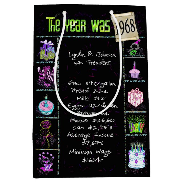 Sac Cadeau Moyen Année De Naissance 1968 Fun Trivia On Black (Devant)