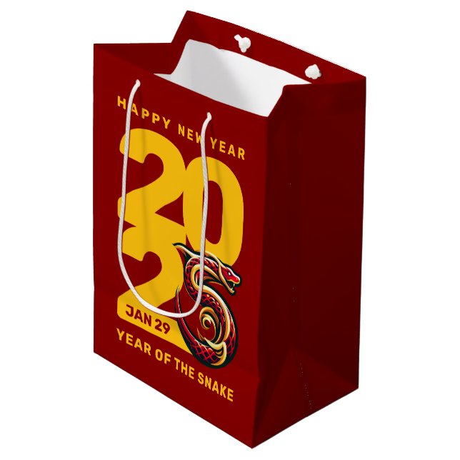 Sac Cadeau Moyen Année rouge or du serpent 2025 (Devant Angle)
