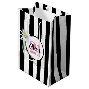 Sac Cadeau Moyen Anniversaire 21 ans rayures noires et blanches