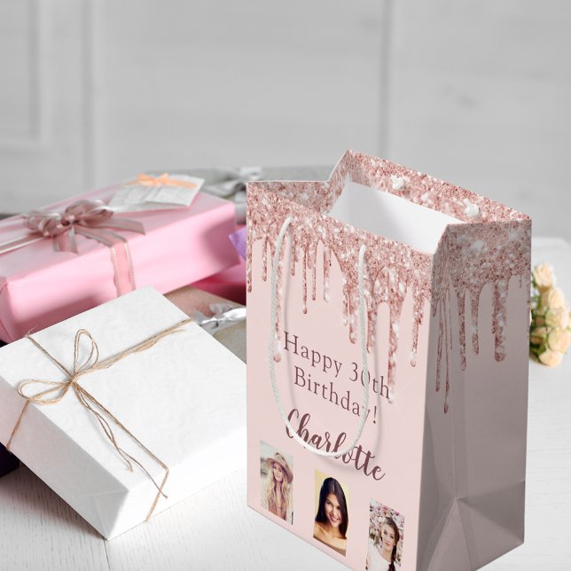 Sac Cadeau Moyen Anniversaire blush rose or parties scintillant gou (Créateur téléchargé)