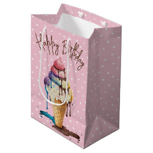 Sac Cadeau Moyen Anniversaire Crème glacée cône sur Pois