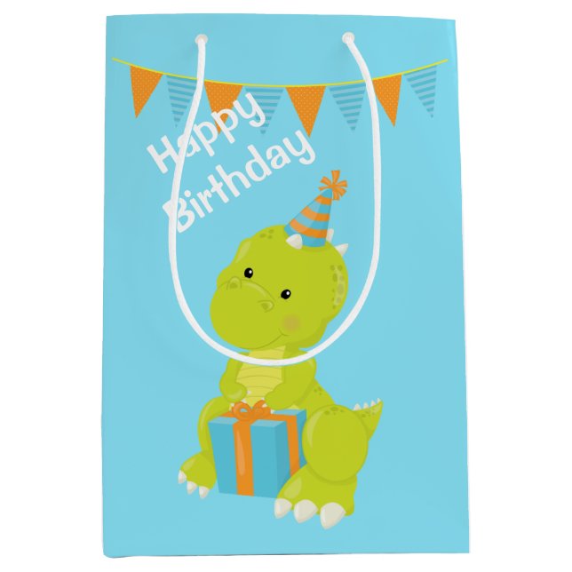 Sac Cadeau Moyen Anniversaire de enfant de dinosaure bleu vert (Devant)